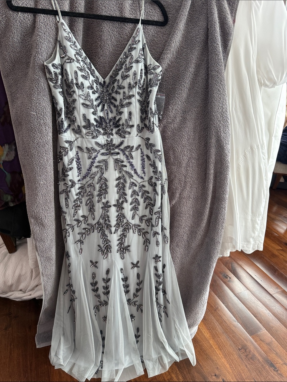 MARINA Beaded Silver Maxi Dress with Black Embroidery
